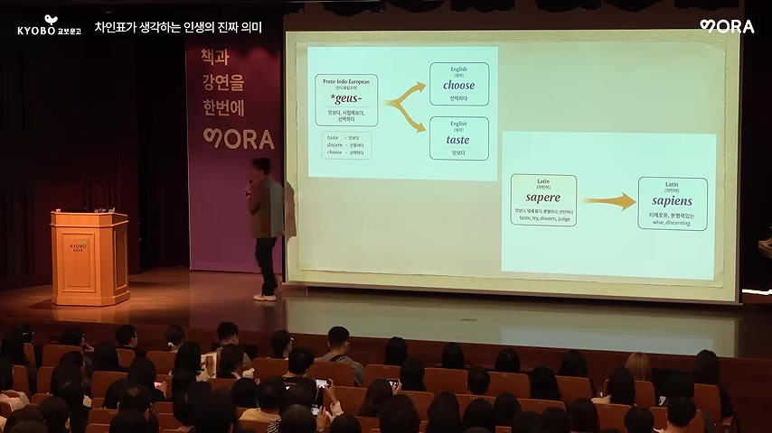 선택과 맛보다의 어원을 설명하는 강연 장면