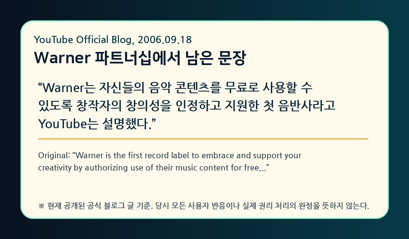 YouTube 공식 블로그의 Warner 파트너십 핵심 문장을 한국어와 원문으로 정리한 YTtrend 보존 카드