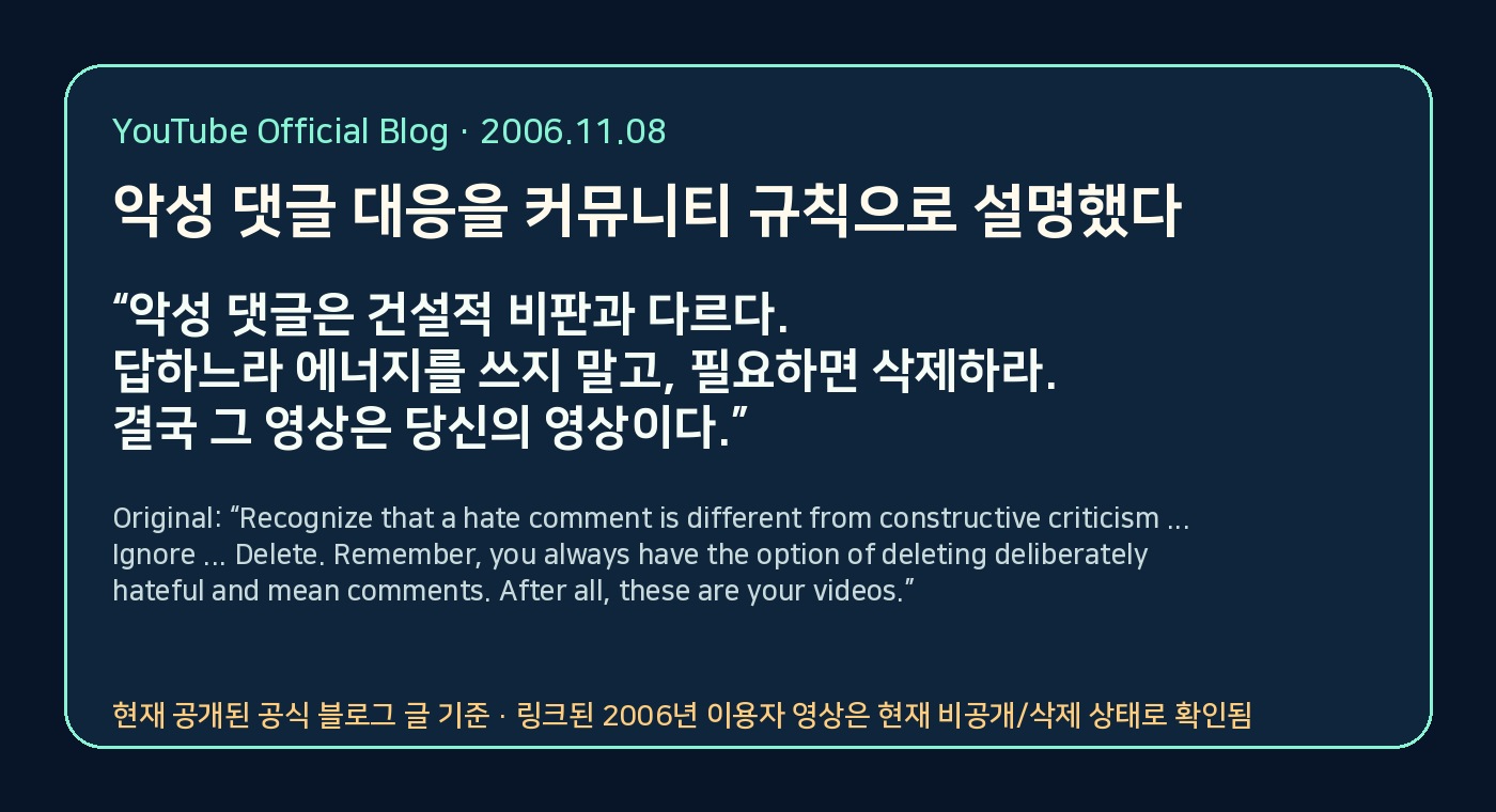 YouTube 공식 블로그의 R.I.D. 조언을 한국어와 원문으로 정리한 YTtrend 보존 카드
